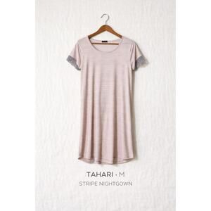 Tahari Nightgown Pink Gray Stripe Pullover Lace Trim Short Sleeve Medium